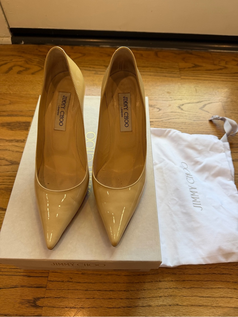 Jimmy Choo Nude Patent Leather Pointed Pumps